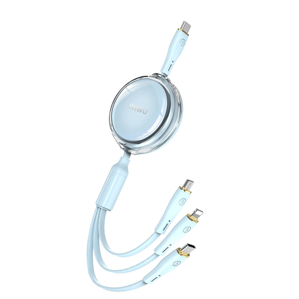 [RNZ-TA100303] Wiwu Wi-C023 Vigor Serisi 3in1 Type-C Lightning Micro USB Makaralı Data ve Şarj Kablosu 100W 1.5M (Mavi)