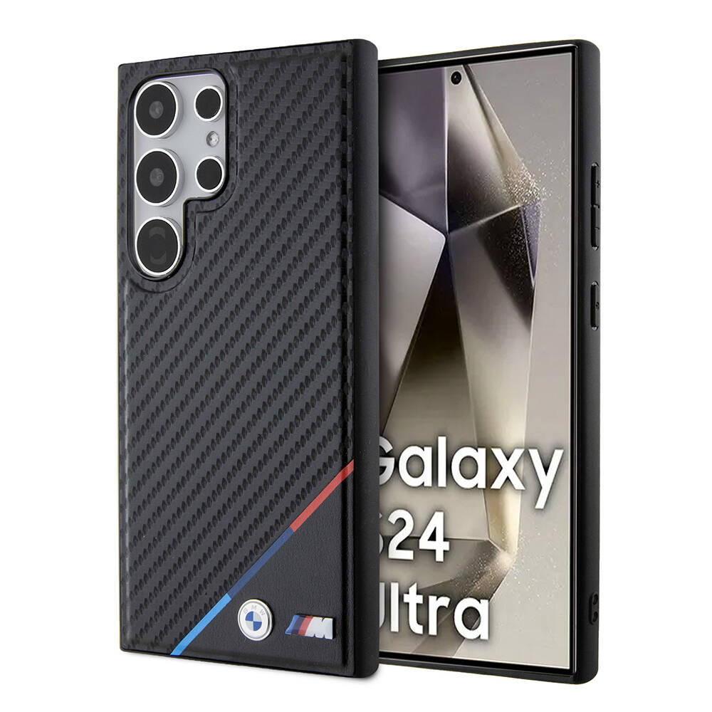 Samsung Galaxy S24 Ultra Uyumlu Kılıf BMW Orjinal Lisanslı M-safe Şarj Özellikli M Logolu Üç Çizgili PU Karbon Kapak