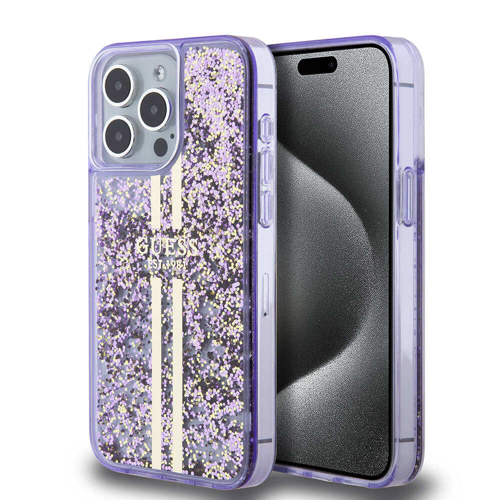 [RNZ-TA102832] Apple iPhone 15 Pro Max Uyumlu Kılıf Guess Orjinal Lisanslı Transparan Sıvılı Simli Altın Çizgili Kapak (Mor)