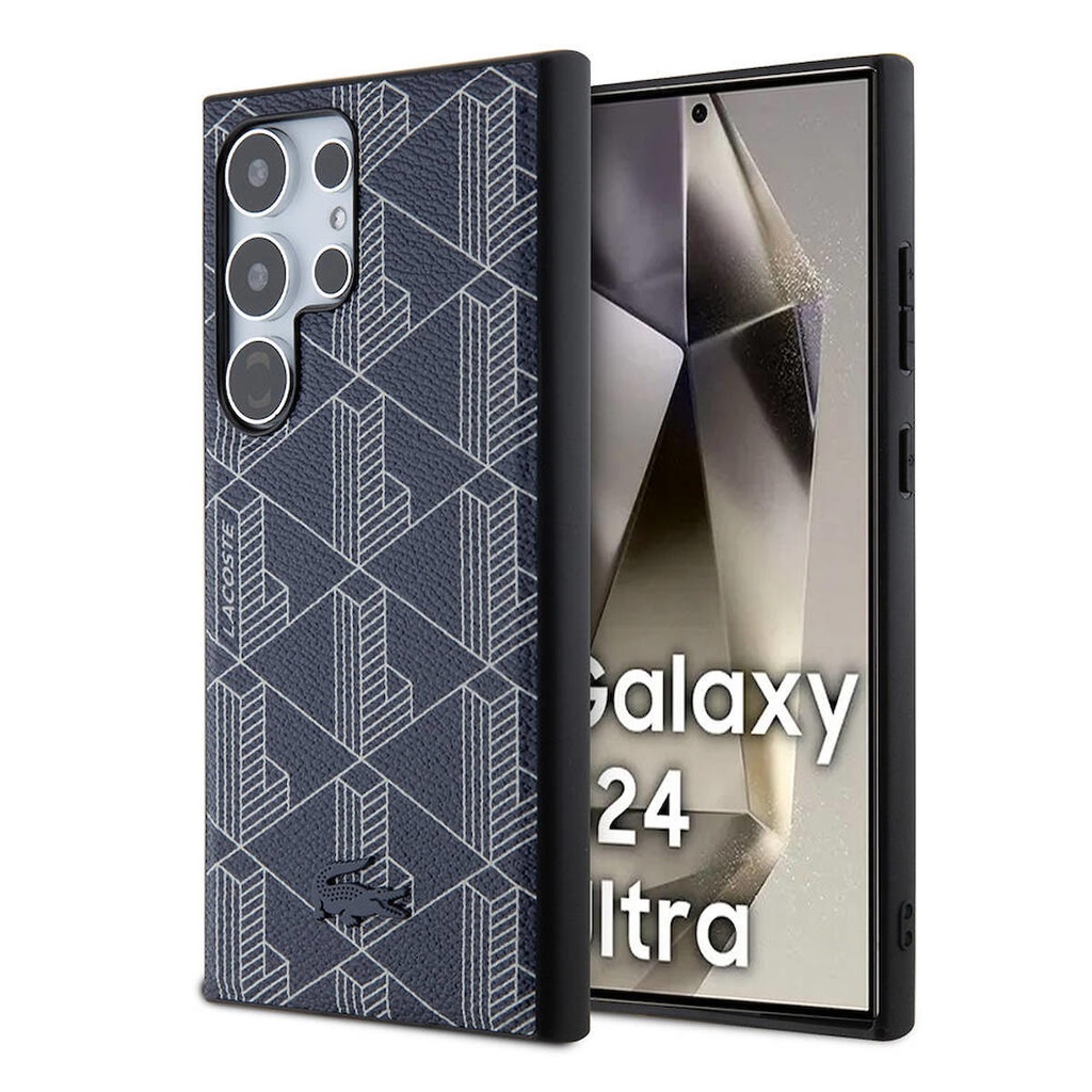 Samsung Galaxy S24 Ultra Uyumlu Kılıf Lacoste Orjinal Lisanslı M-safe Şarj Özellikli PU Deri Görünümlü Karışık Monogram Desenli Kapak