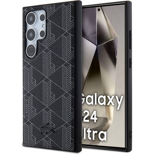 [ZTA100495] Samsung Galaxy S24 Ultra Uyumlu Kılıf Lacoste Orjinal Lisanslı M-safe Şarj Özellikli PU Deri Görünümlü Karışık Monogram Desenli Kapak (Siyah)