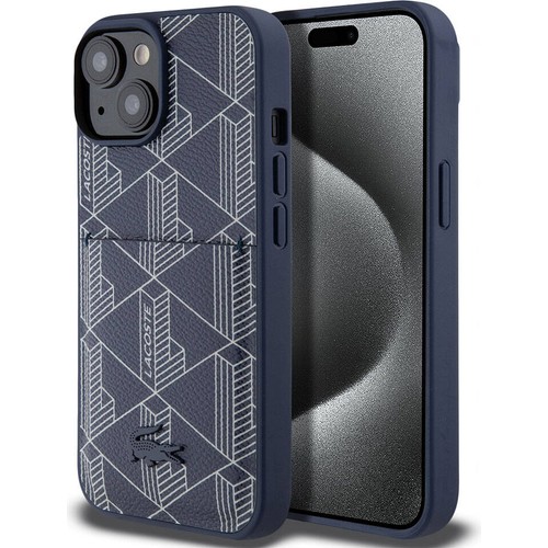 Apple iPhone 15 Uyumlu Kılıf Lacoste Orjinal Lisanslı M-safe Şarj Özellikli PU Deri Görünümlü Kartlıklı Karışık Monogram Desenli Kapak
