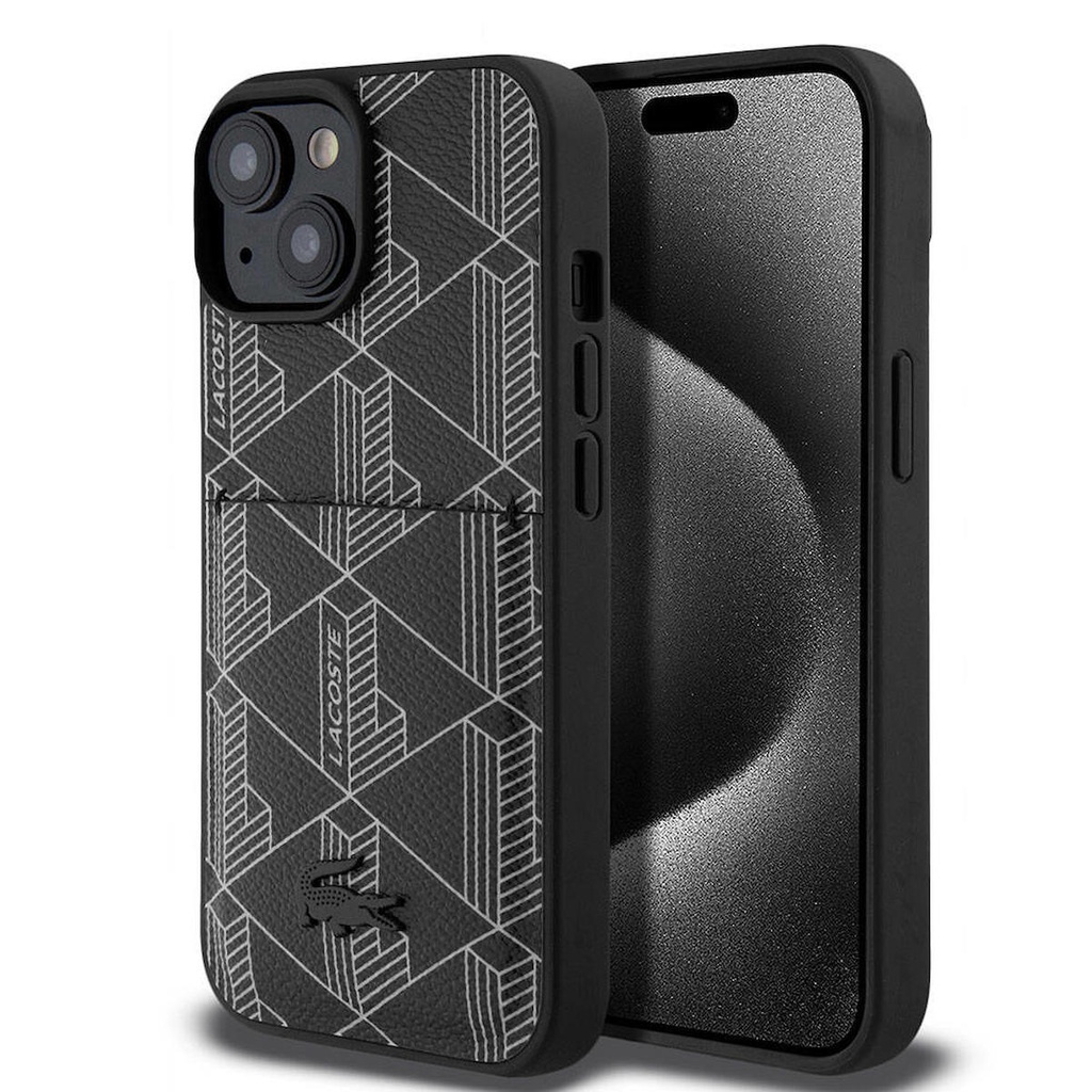 Apple iPhone 15 Uyumlu Kılıf Lacoste Orjinal Lisanslı M-safe Şarj Özellikli PU Deri Görünümlü Kartlıklı Karışık Monogram Desenli Kapak