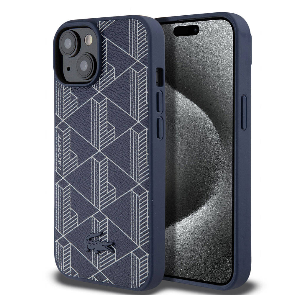 Apple iPhone 15 Uyumlu Kılıf Lacoste Orjinal Lisanslı M-safe Şarj Özellikli PU Deri Görünümlü Karışık Monogram Desenli Kapak