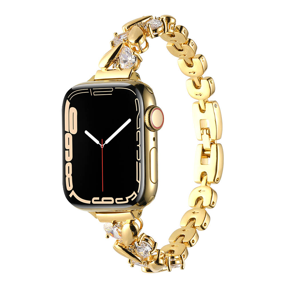 Apple Watch 7 45mm Uyumlu Kordon Metal Taşlı Luxury Paslanmaz Zore KRD-103 Kayış
