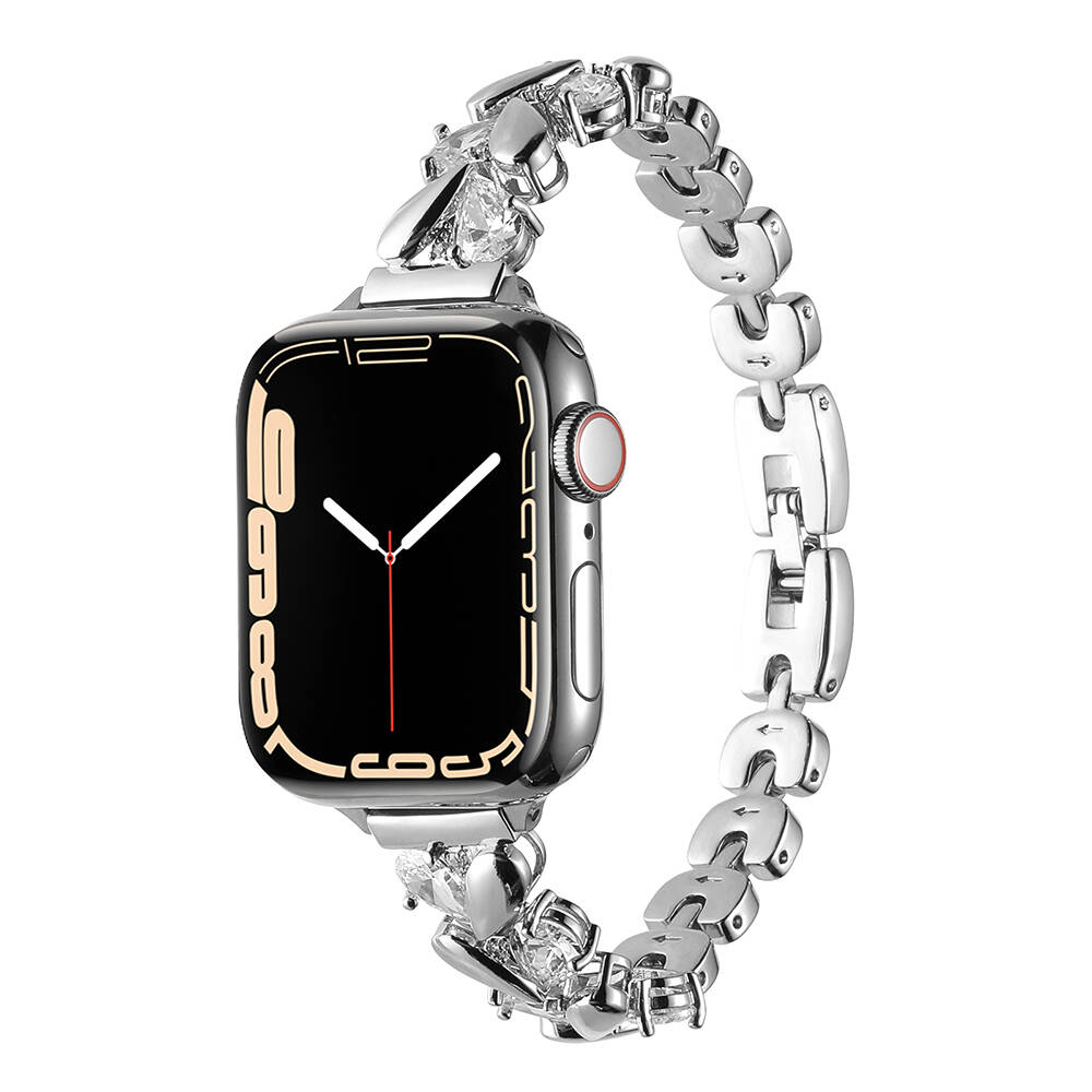 Apple Watch 7 45mm Uyumlu Kordon Metal Taşlı Luxury Paslanmaz Zore KRD-103 Kayış