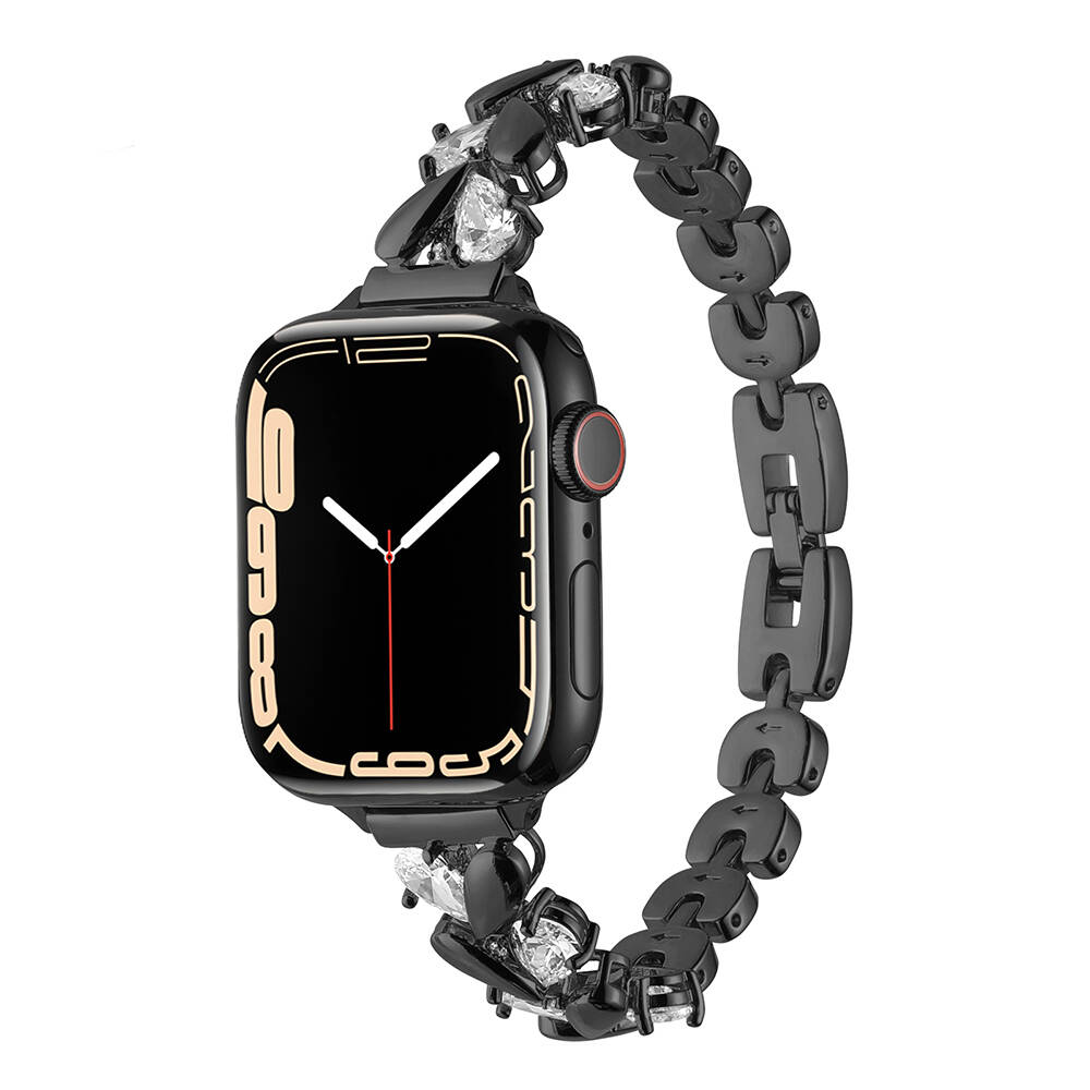 [RNZ-TA100631] Apple Watch 44mm Uyumlu Kordon Metal Taşlı Luxury Paslanmaz Zore KRD-103 Kayış (Siyah)