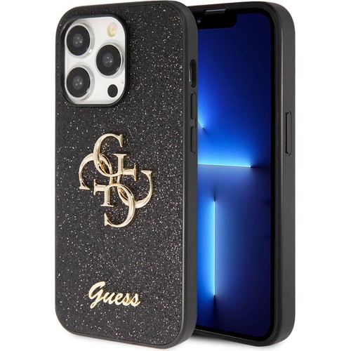 [ZTA102756] Apple iPhone 14 Pro Max Uyumlu Kılıf Guess Orjinal Lisanslı 4G Büyük Metal Logolu Glitter Kapak (Siyah)