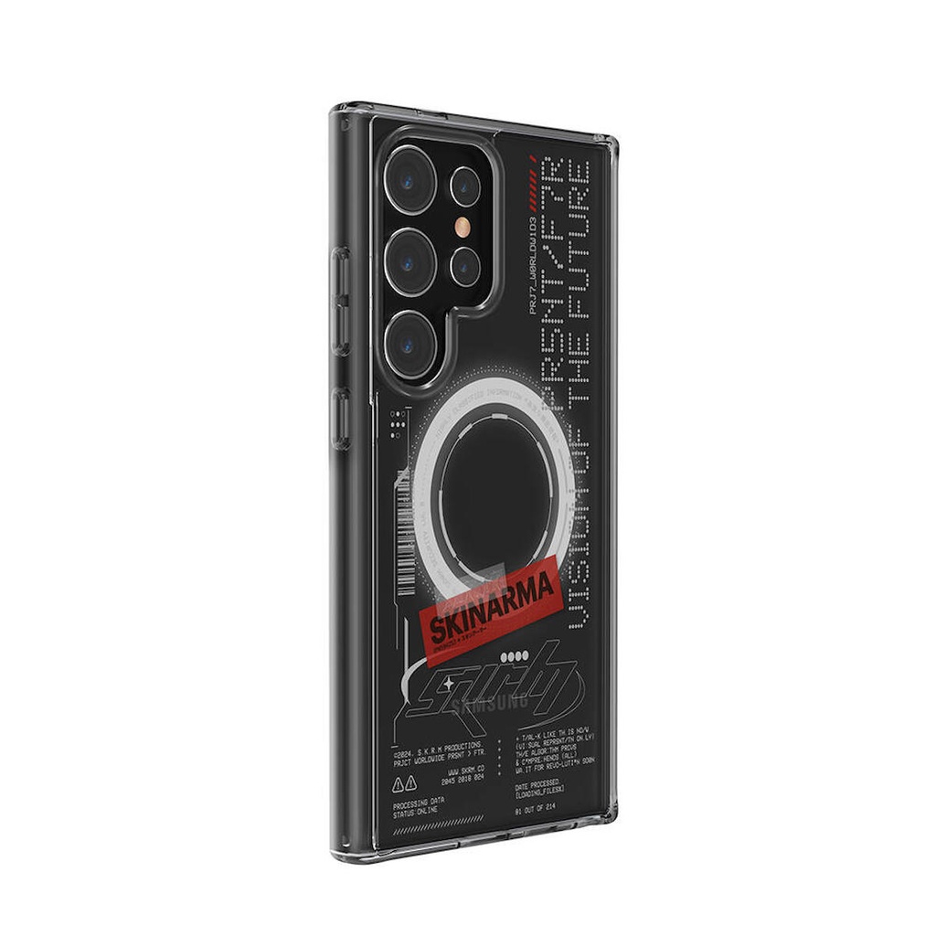 Samsung Galaxy S24 Ultra Uyumlu Kılıf SkinArma M-safe Şarj Özellikli Yazı Desenli Airbag Tasarımlı Orion Kapak