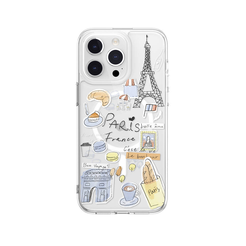 Apple iPhone 15 Pro Max Uyumlu Kılıf M-safe Şarj Özellikli Çizim Desenli Şok Önleyicili Şeffaf Lisanslı Switcheasy City-M Paris Kapak
