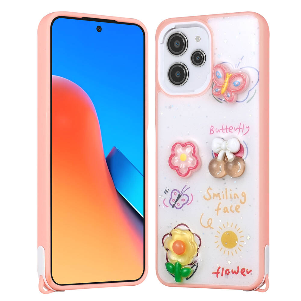 [RNZ-TA103379] Xiaomi Redmi 12 4G Uyumlu Kılıf Parlayan Simli Kabartma Figürlü Zore Cevze Kapak (Pembe)