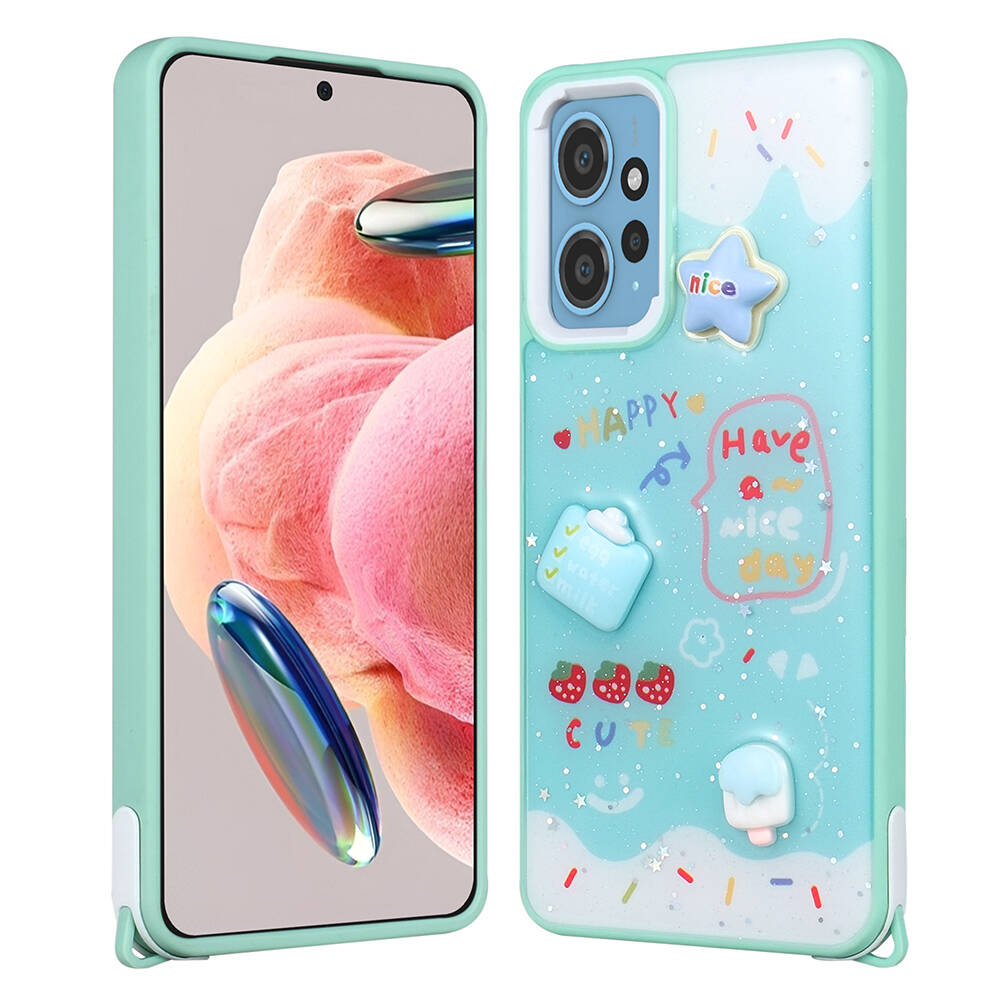 Xiaomi Redmi 12 4G Uyumlu Kılıf Parlayan Simli Kabartma Figürlü Zore Cevze Kapak