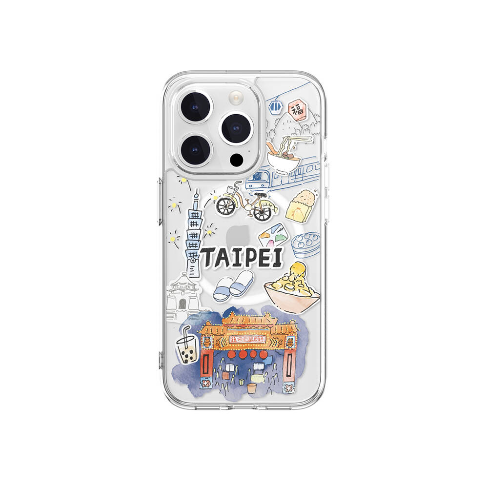 [ZTA102304] Apple iPhone 15 Pro Uyumlu Kılıf M-safe Şarj Özellikli Çizim Desenli Şok Önleyicili Şeffaf Lisanslı Switcheasy City-M Taipei Kapak