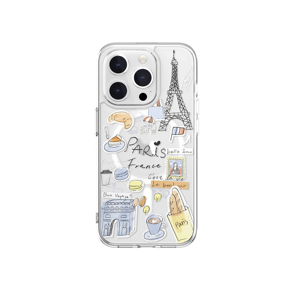 [ZTA102303] Apple iPhone 15 Pro Uyumlu Kılıf M-safe Şarj Özellikli Çizim Desenli Şok Önleyicili Şeffaf Lisanslı Switcheasy City-M Paris Kapak