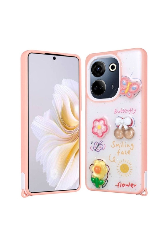 [RNZ-TA102539] Tecno Camon 20 Uyumlu Kılıf Parlayan Simli Kabartma Figürlü Zore Cevze Kapak (Pembe)