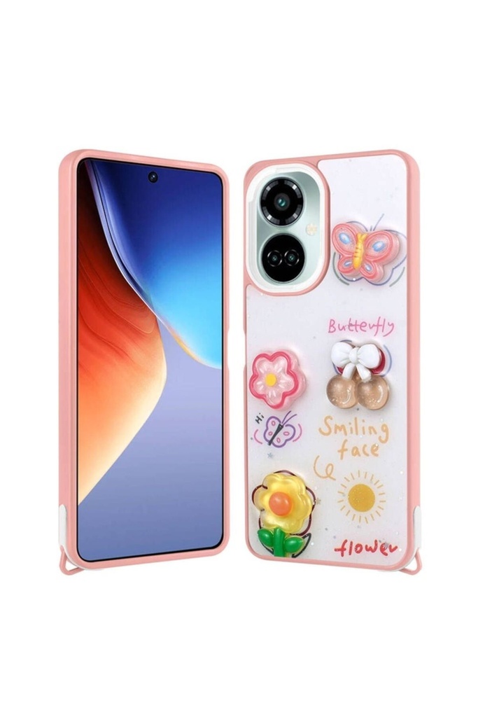 [RNZ-TA102547] Tecno Camon 19 Uyumlu Kılıf Parlayan Simli Kabartma Figürlü Zore Cevze Kapak (Pembe)