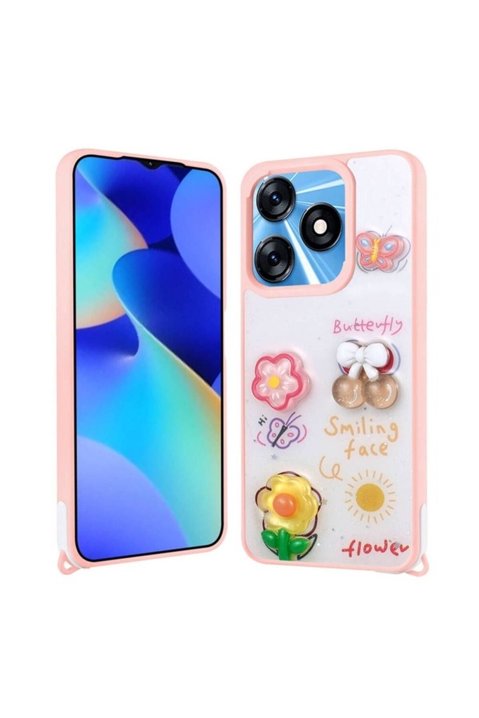 [RNZ-TA102727] Tecno Spark 10 4G Uyumlu Kılıf Parlayan Simli Kabartma Figürlü Zore Cevze Kapak (Pembe)