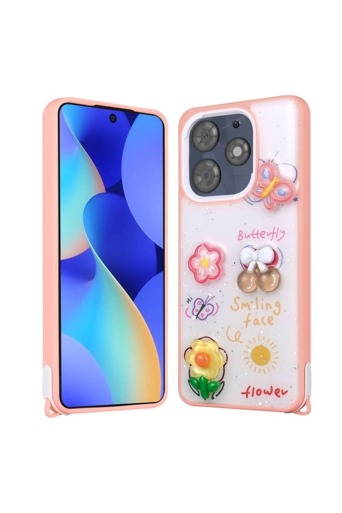 [RNZ-TA102567] Tecno Spark 10 Pro Uyumlu Kılıf Parlayan Simli Kabartma Figürlü Zore Cevze Kapak (Pembe)