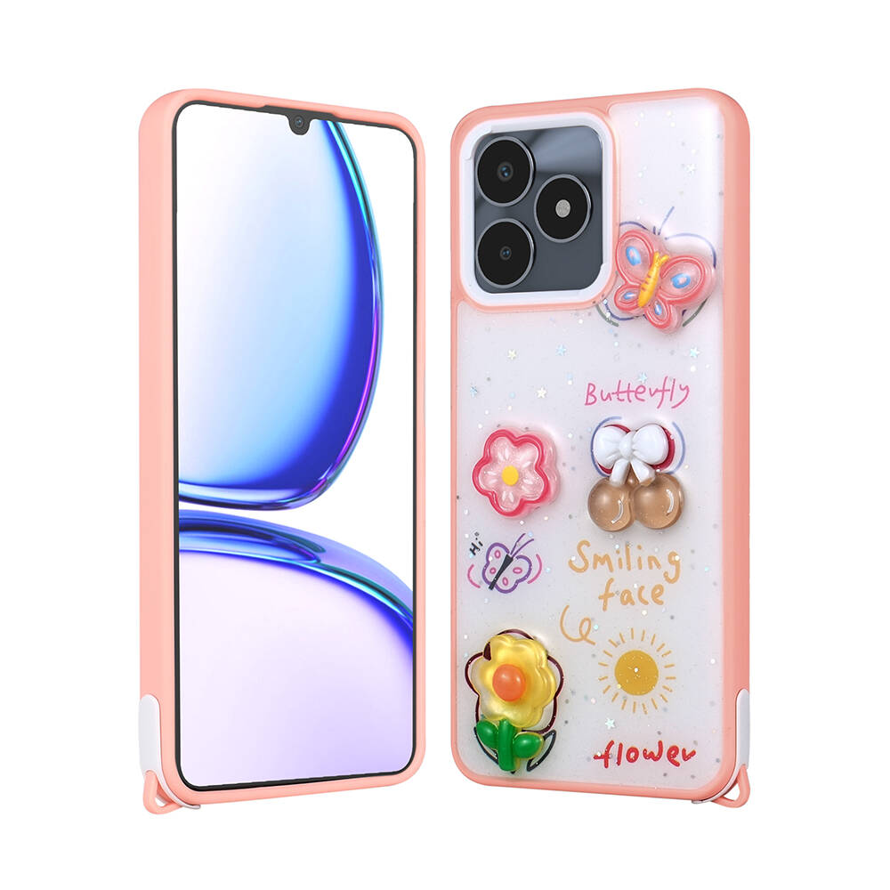 [RNZ-TA102569] Realme C53 Uyumlu Kılıf Parlayan Simli Kabartma Figürlü Zore Cevze Kapak (Pembe)