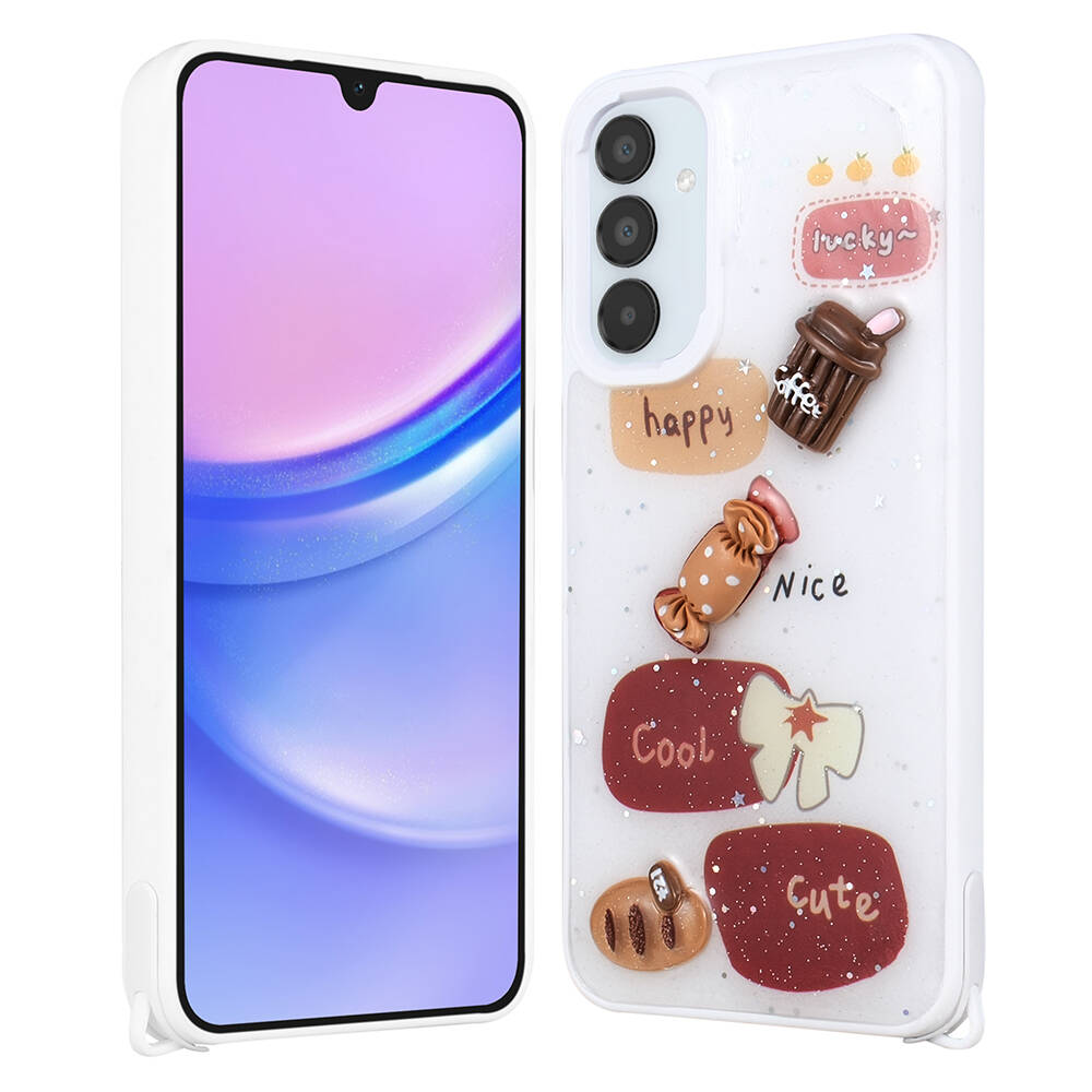 Samsung Galaxy A15 Uyumlu Kılıf Parlayan Simli Kabartma Figürlü Zore Cevze Kapak