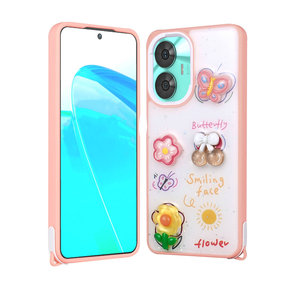 [RNZ-TA103377] Realme C55 Uyumlu Kılıf Parlayan Simli Kabartma Figürlü Zore Cevze Kapak (Pembe)