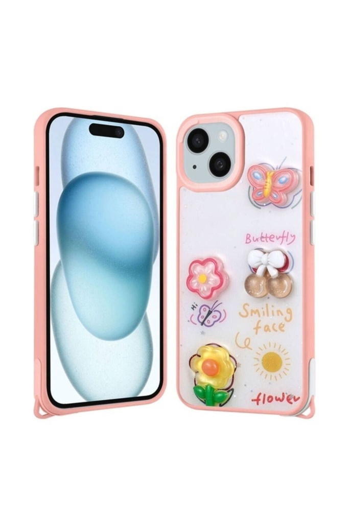 [RNZ-TA102646] Apple iPhone 13 Uyumlu Kılıf Parlayan Simli Kabartma Figürlü Zore Cevze Kapak (Pembe)