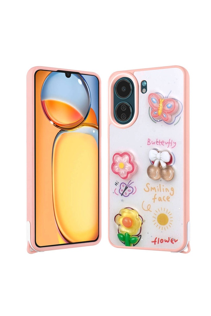 [RNZ-TA102619] Xiaomi Redmi 13C Uyumlu Kılıf Parlayan Simli Kabartma Figürlü Zore Cevze Kapak (Pembe)