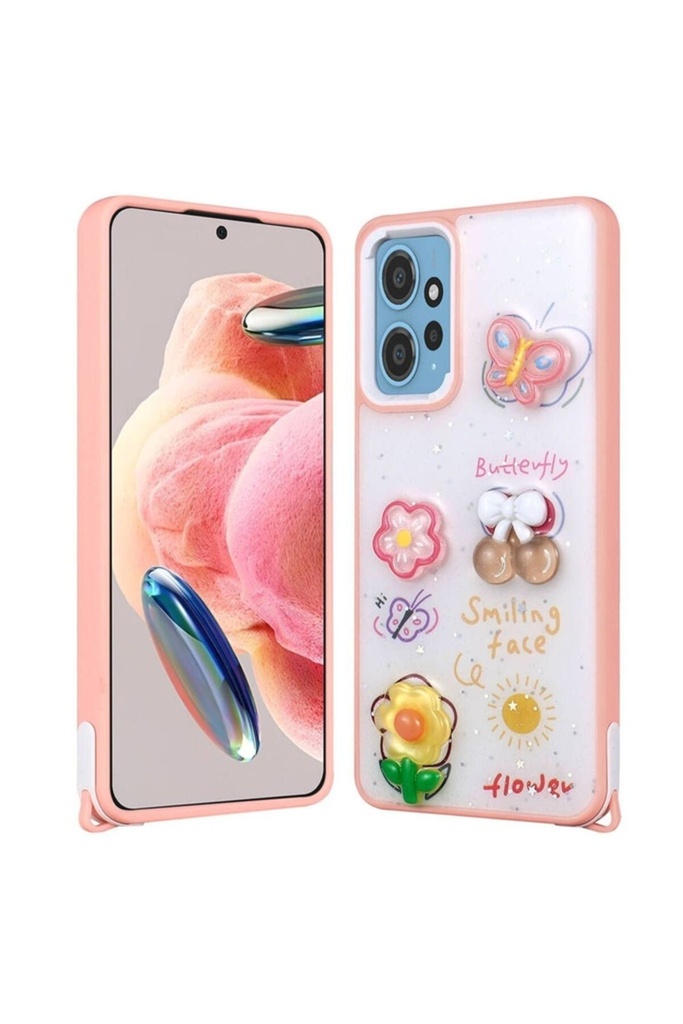 [RNZ-TA102624] Xiaomi Redmi Note 12 4G Uyumlu Kılıf Parlayan Simli Kabartma Figürlü Zore Cevze Kapak (Pembe)