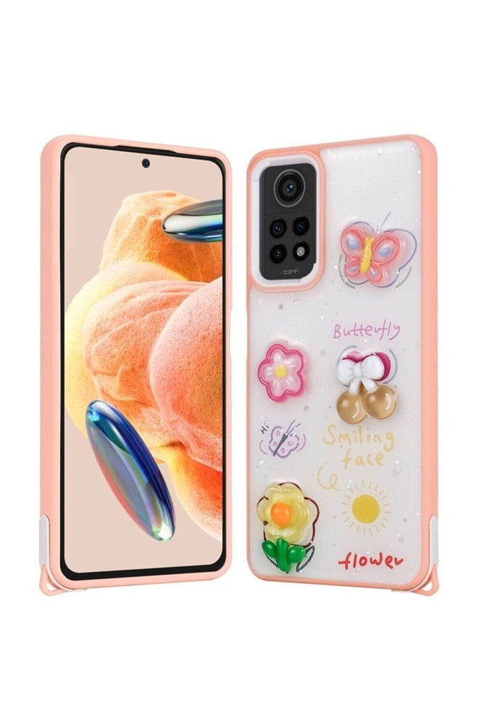 [RNZ-TA102630] Xiaomi Redmi Note 12 Pro 4G Uyumlu Kılıf Parlayan Simli Kabartma Figürlü Zore Cevze Kapak (Pembe)