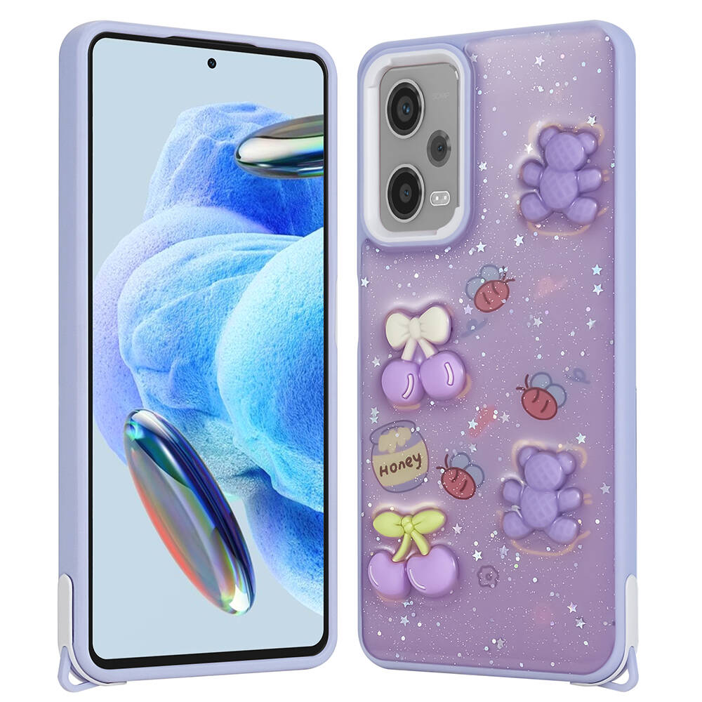 Xiaomi Redmi Note 12 Pro 5G Uyumlu Kılıf Parlayan Simli Kabartma Figürlü Zore Cevze Kapak