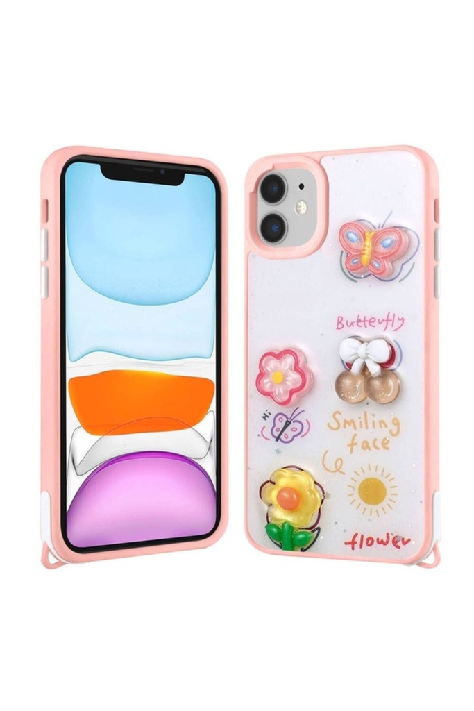 [RNZ-TA102640] Apple iPhone 11 Uyumlu Kılıf Parlayan Simli Kabartma Figürlü Zore Cevze Kapak (Pembe)