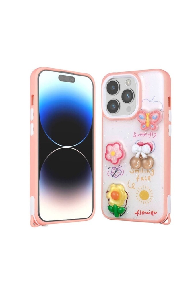 Apple iPhone 14 Pro Max Uyumlu Kılıf Parlayan Simli Kabartma Figürlü Zore Cevze Kapak