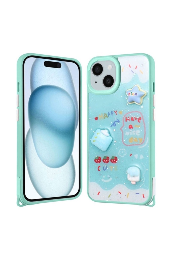 Apple iPhone 15 Plus Uyumlu Kılıf Parlayan Simli Kabartma Figürlü Zore Cevze Kapak