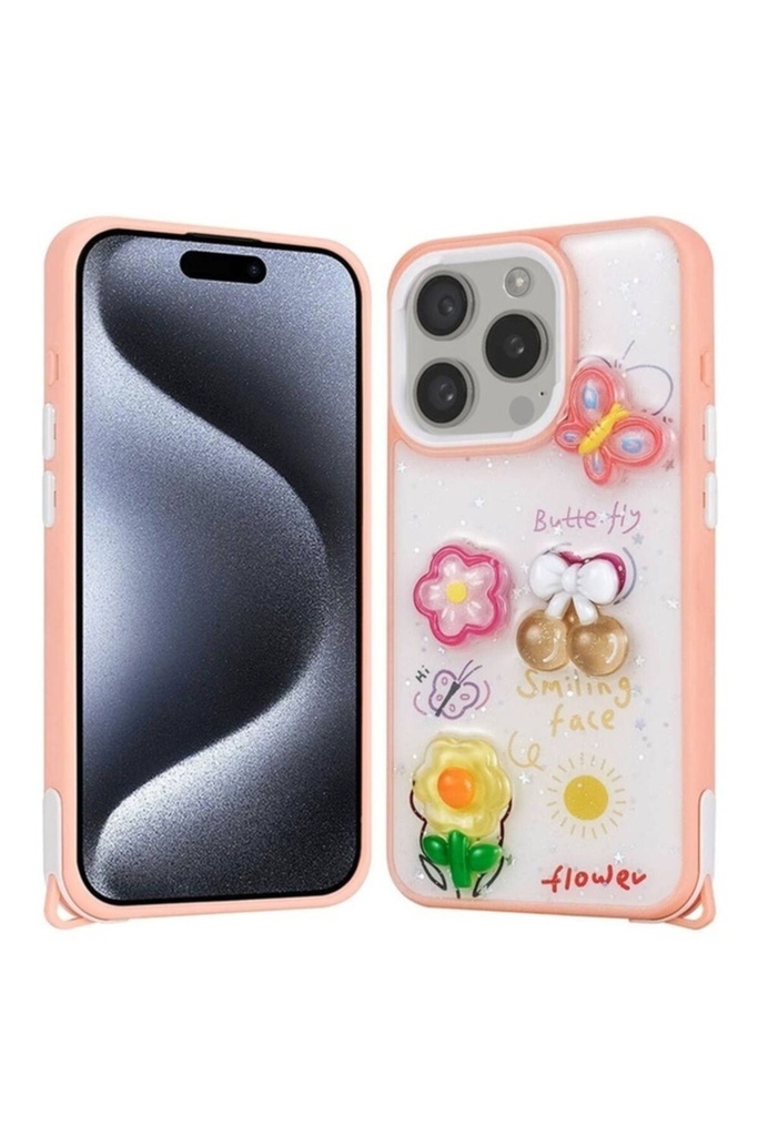 [RNZ-TA103375] Apple iPhone 15 Pro Uyumlu Kılıf Parlayan Simli Kabartma Figürlü Zore Cevze Kapak (Pembe)