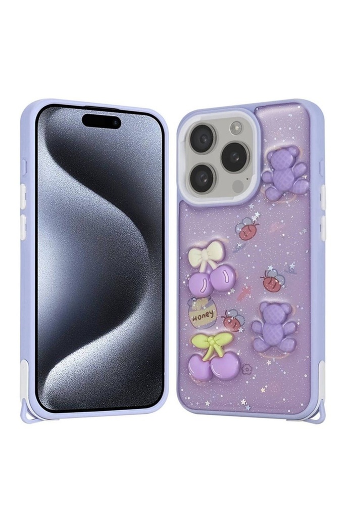 Apple iPhone 15 Pro Uyumlu Kılıf Parlayan Simli Kabartma Figürlü Zore Cevze Kapak