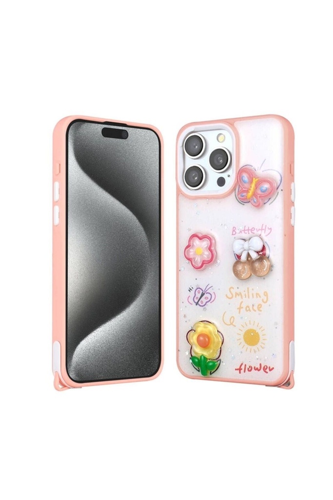 [RNZ-TA103374] Apple iPhone 15 Pro Max Uyumlu Kılıf Parlayan Simli Kabartma Figürlü Zore Cevze Kapak (Pembe)
