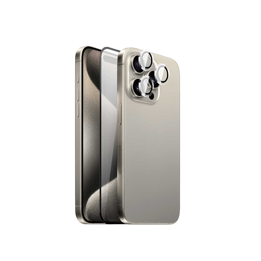 Apple iPhone 15 Pro Max Uyumlu Wiwu Wi-IP002 2in1 Temperli Cam Ahize Toz Önleyici Ekran Koruyucu ve Kamera Lens Koruyucu Set