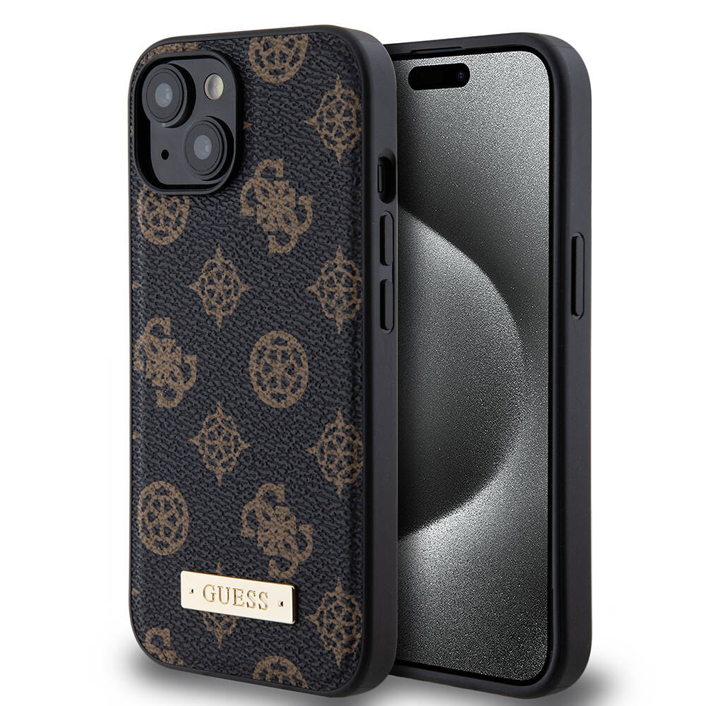 Apple iPhone 14 Uyumlu Kılıf Guess M-safe Şarj Özellikli PU Deri Desenli Metal Plaka Logolu Kapak