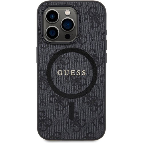 [ZTA102774] Apple iPhone 15 Pro Uyumlu Kılıf Guess Orjinal Lisanslı M-safe Şarj Özellikli PU Halkalı 4G Desenli Yazı Logolu Kapak (Siyah)