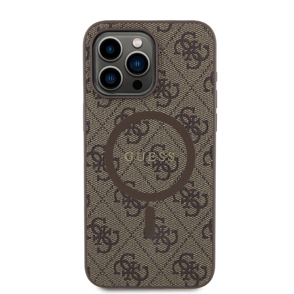 Apple iPhone 15 Pro Max Uyumlu Kılıf Guess Orjinal Lisanslı M-safe Şarj Özellikli PU Halkalı 4G Desenli Yazı Logolu Kapak
