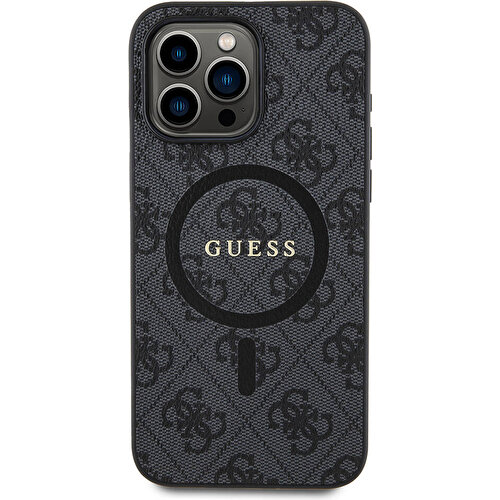 Apple iPhone 15 Pro Max Uyumlu Kılıf Guess Orjinal Lisanslı M-safe Şarj Özellikli PU Halkalı 4G Desenli Yazı Logolu Kapak
