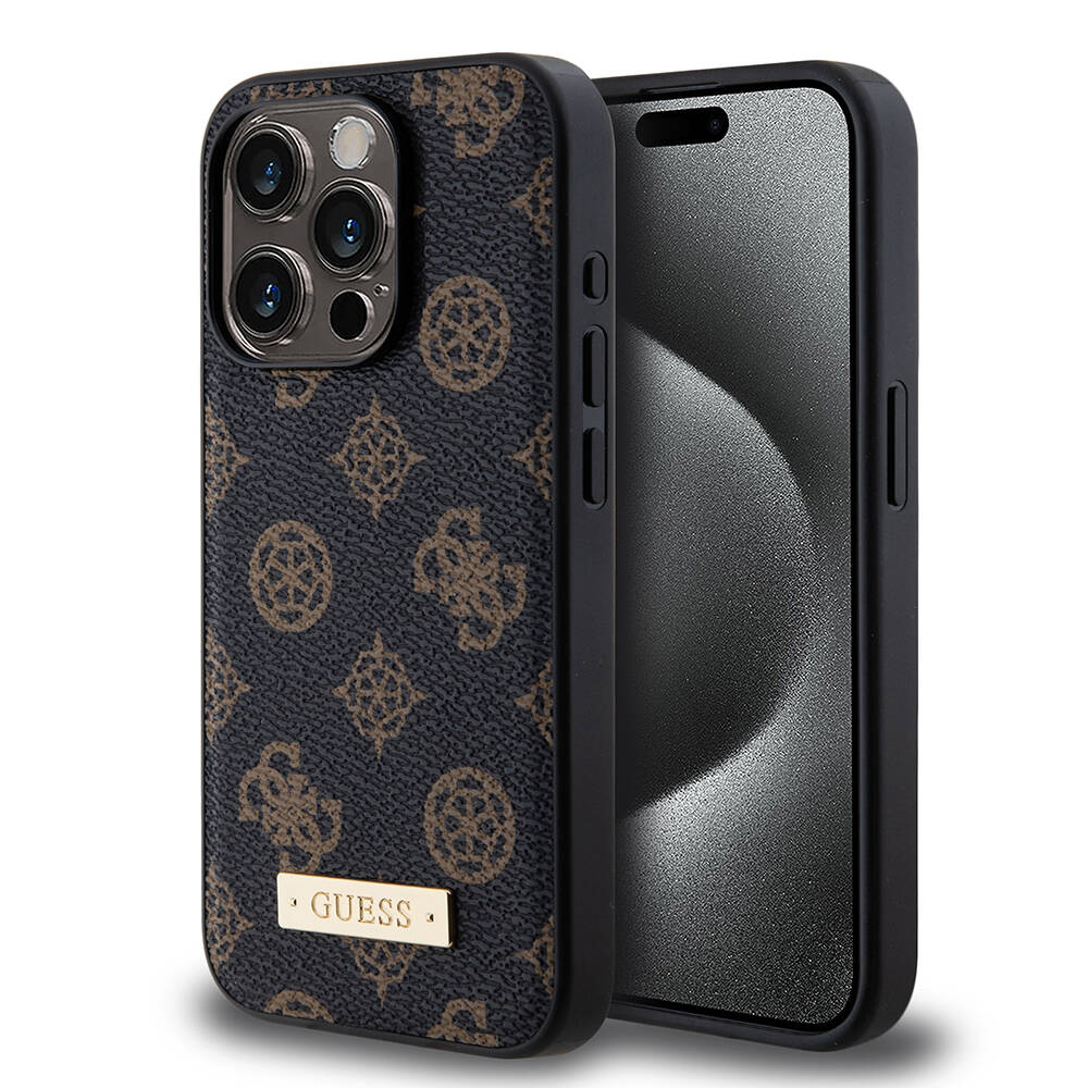 Apple iPhone 15 Pro Uyumlu Kılıf Guess M-safe Şarj Özellikli PU Deri Desenli Metal Plaka Logolu Kapak
