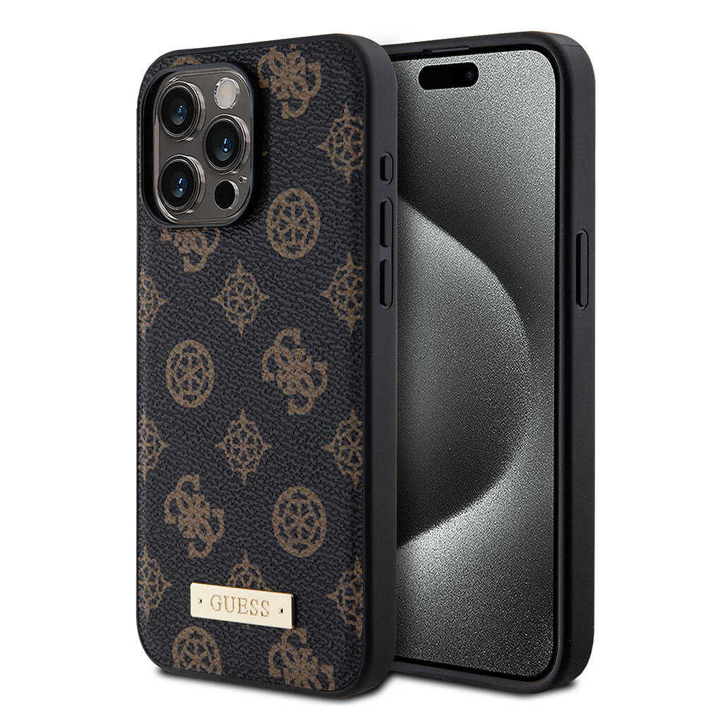 Apple iPhone 15 Pro Max Uyumlu Kılıf Guess M-safe Şarj Özellikli PU Deri Desenli Metal Plaka Logolu Kapak