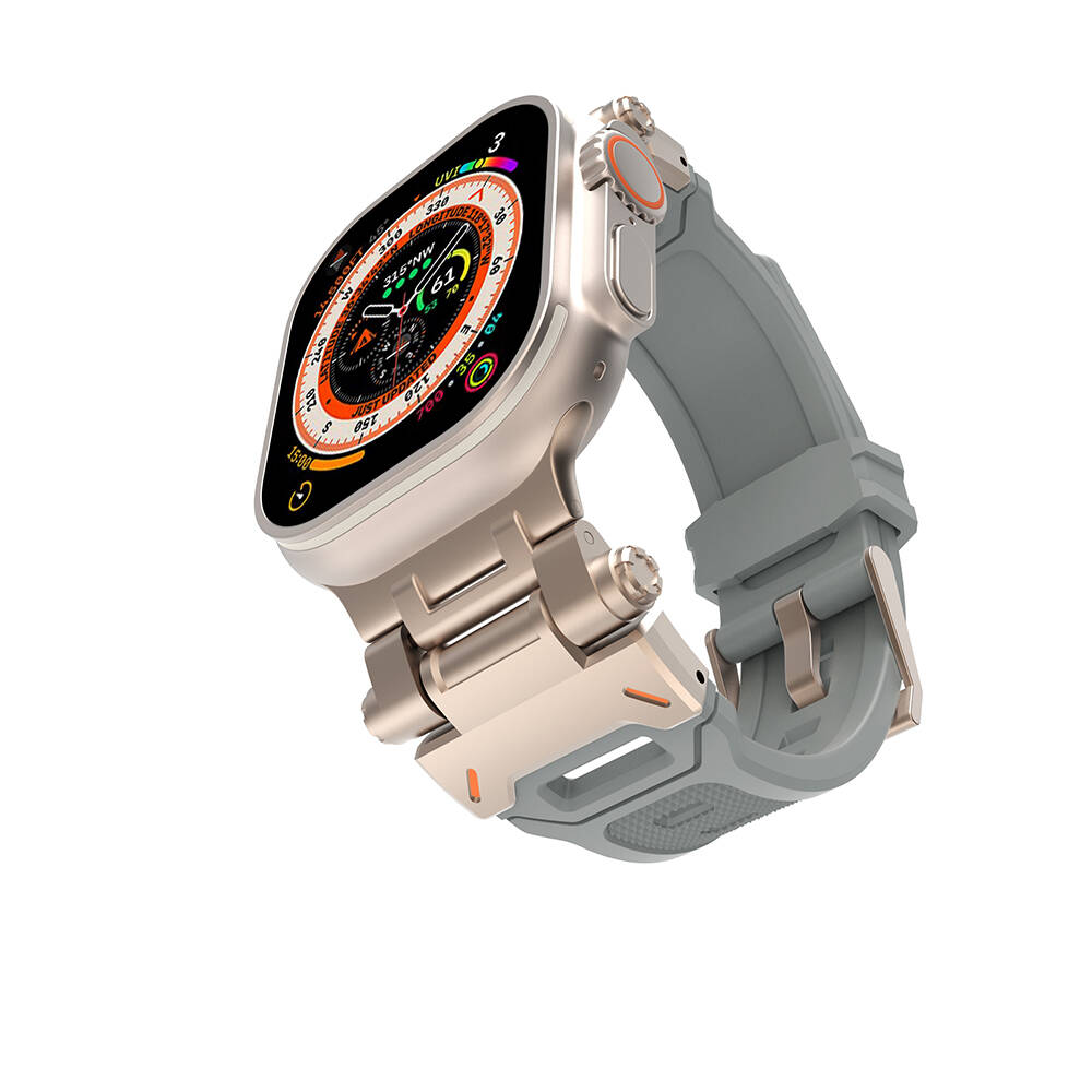 Apple Watch 44mm Uyumlu Kordon Metal Başlıklı Silikon Zore KRD-108 Kayış