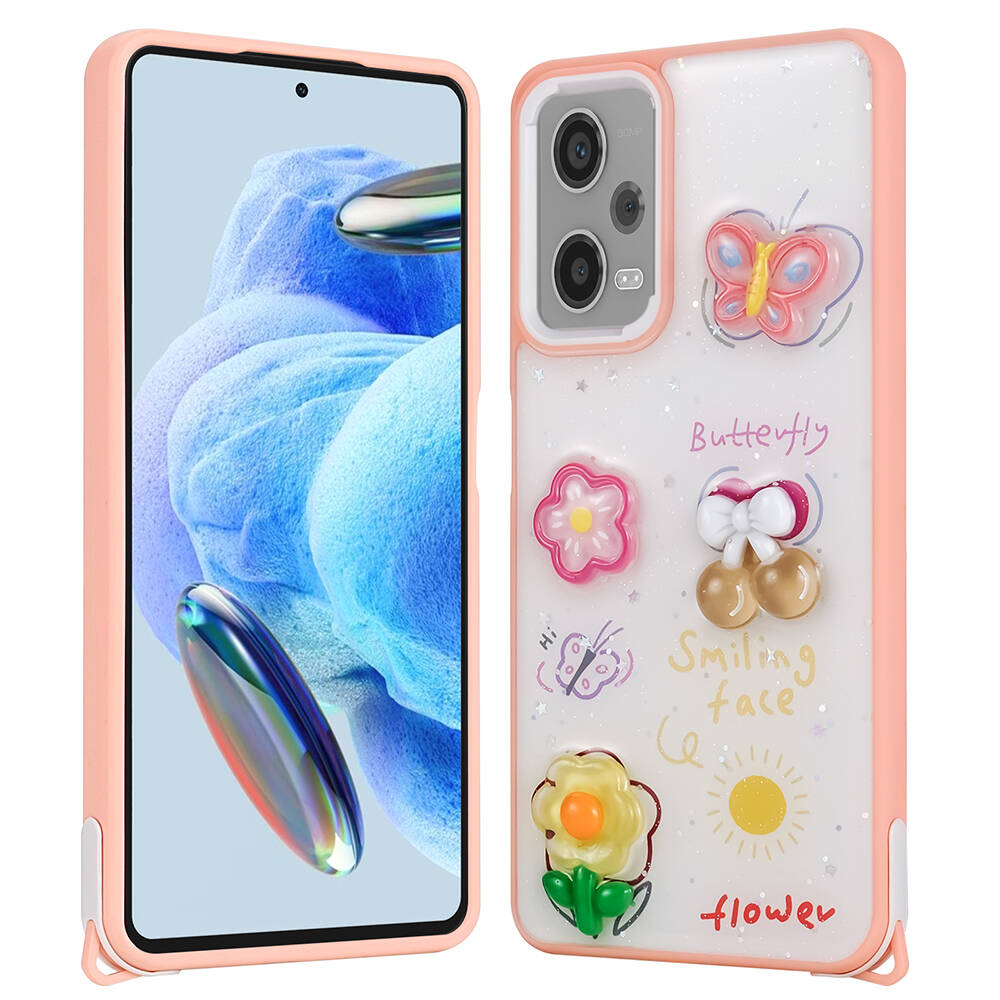 [RNZ-TA103399] Xiaomi Redmi Note 12 Pro Plus 5G Uyumlu Kılıf Parlayan Simli Kabartma Figürlü Zore Cevze Kapak (Pembe)