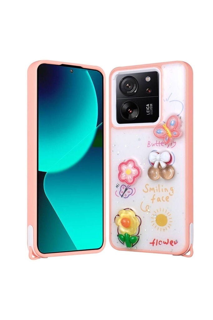 [RNZ-TA103394] Xiaomi Mi 13T Pro Uyumlu Kılıf Parlayan Simli Kabartma Figürlü Zore Cevze Kapak (Pembe)