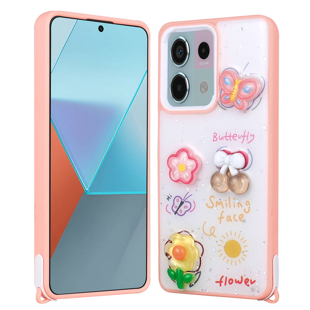 [RNZ-TA103404] Xiaomi Redmi Note 13 Pro 5G Uyumlu Kılıf Parlayan Simli Kabartma Figürlü Zore Cevze Kapak (Pembe)