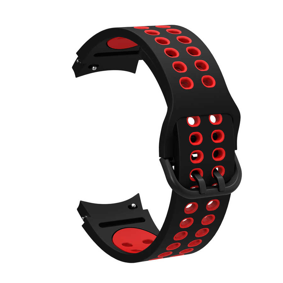 [RNZ-TA73520] Samsung Galaxy Watch 4 40mm 20mm Uyumlu Kordon Silikon Esnek Yumuşak Delikli Spor KRD-02 Kayış (Siyah-Kırmızı)