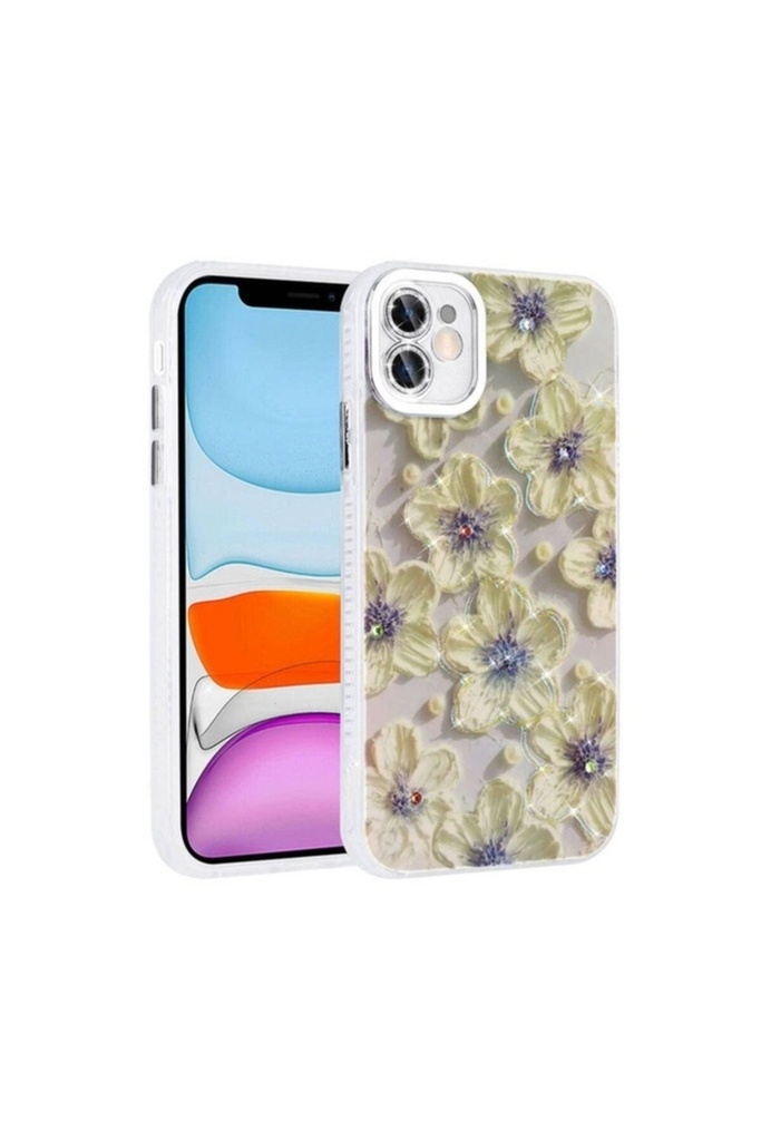 [RNZ-TA103964] Apple iPhone 11 Uyumlu Kılıf Çiçek Desenli Parlak Taşlı Sert Silikon Zore Garden Kapak (Mavi)