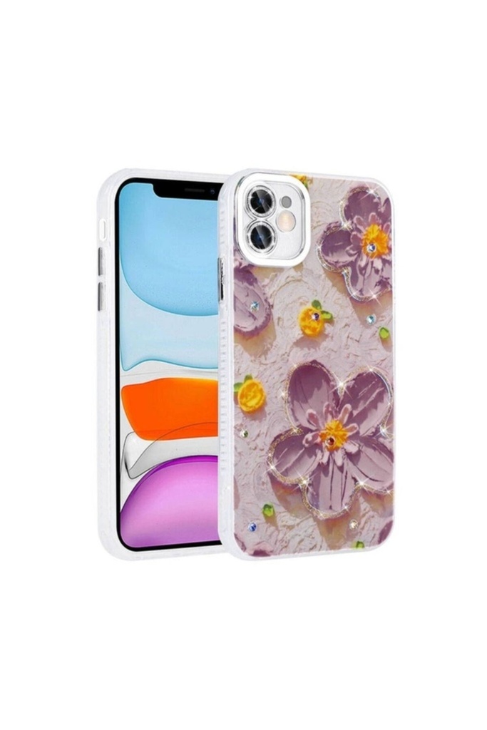Apple iPhone 11 Uyumlu Kılıf Çiçek Desenli Parlak Taşlı Sert Silikon Zore Garden Kapak